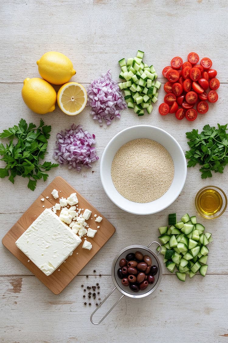 Flatlay arrangement of white quinoa, diced red onions, cucumber, cherry tomatoes, feta cheese block, kalamata olives, lemons, and olive oil