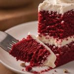 Close-up fork bite showing the soft moist crumb of red velvet cake and frosting