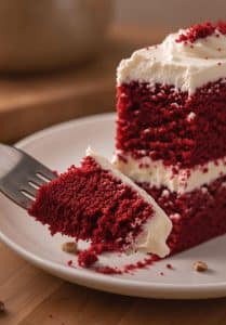 Close-up fork bite showing the soft moist crumb of red velvet cake and frosting