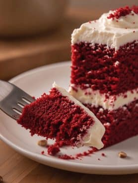 Close-up fork bite showing the soft moist crumb of red velvet cake and frosting
