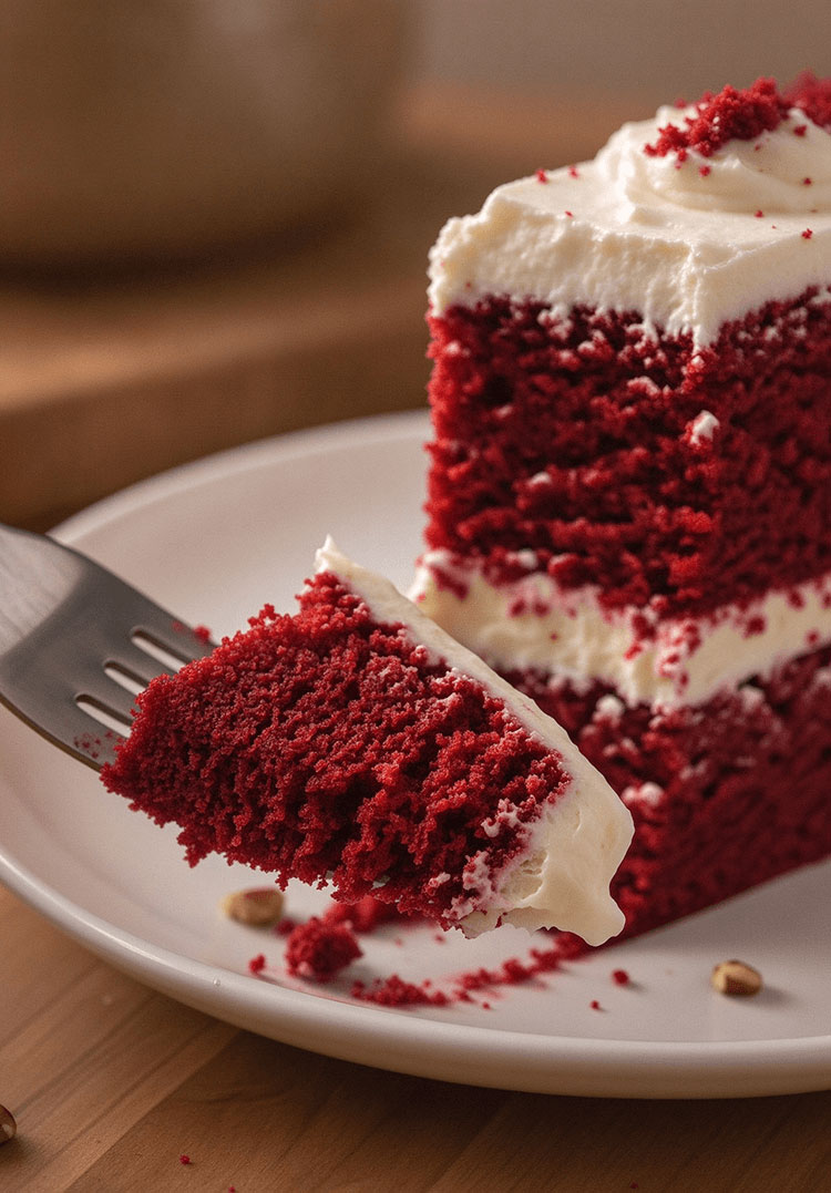 Close-up fork bite showing the soft moist crumb of red velvet cake and frosting
