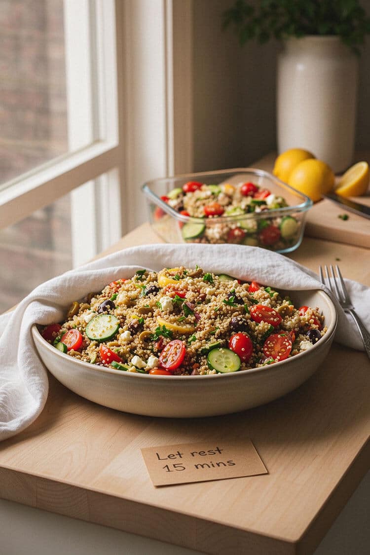 A large white bowl of freshly tossed quinoa vegetable salad with lemon dressing and tomatoes