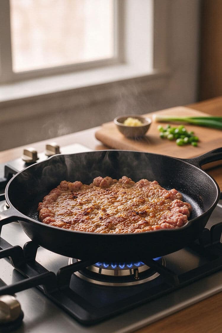 Raw ground pork patty searing flat in a hot cast-iron skillet over a blue gas flame with rising steam to develop a golden crust