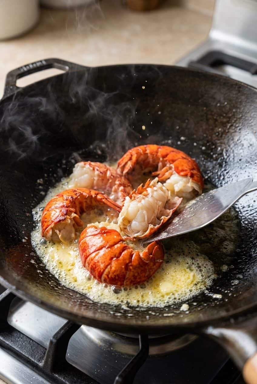 Searing cut lobster tail chunks shell side down in foaming melted butter inside a hot black cast iron wok on a gas stovetop