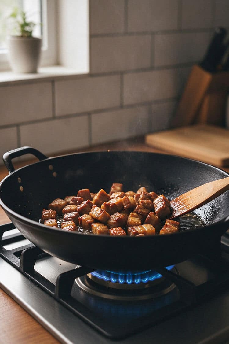 Cubes of pork belly searing and sizzling in a hot wok over a gas flame until golden brown and rendering aromatic fat