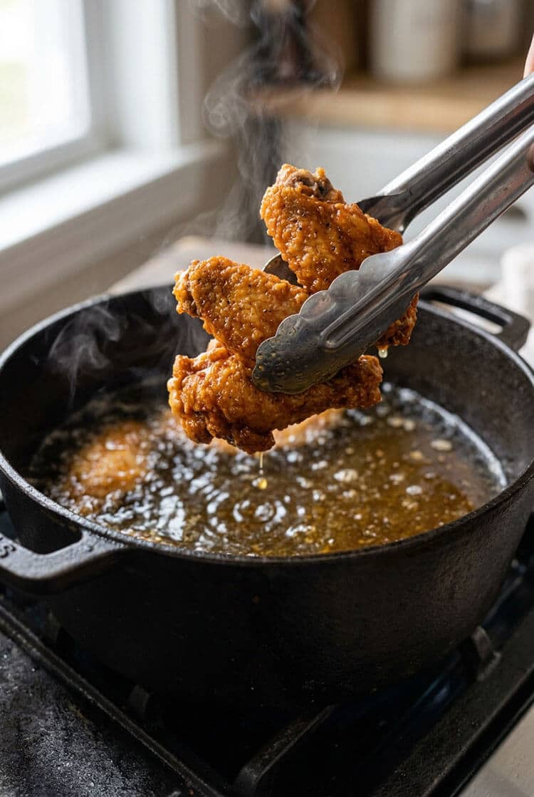 Metal tongs holding up blistered, deeply golden crispy fried chicken wings steaming over a cast iron deep fryer pot