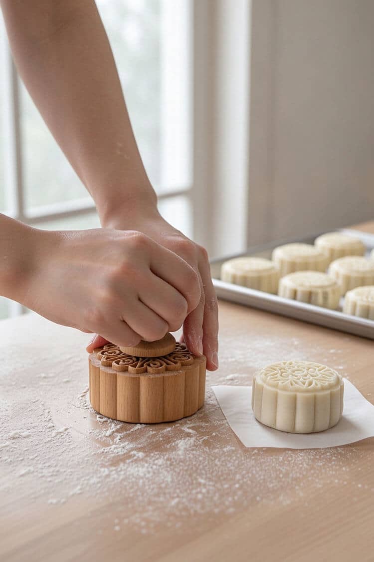 Hands pressing a traditional wooden floral mooncake mold onto a floured table beside an embossed white snowskin mooncake on parchment paper