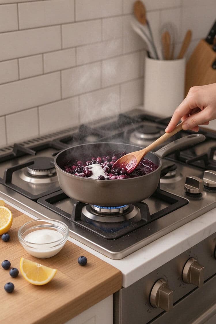 Simmering fresh blueberries, sugar, and lemon juice with rising steam in a nonstick saucepan over a gas flame with a wooden spoon