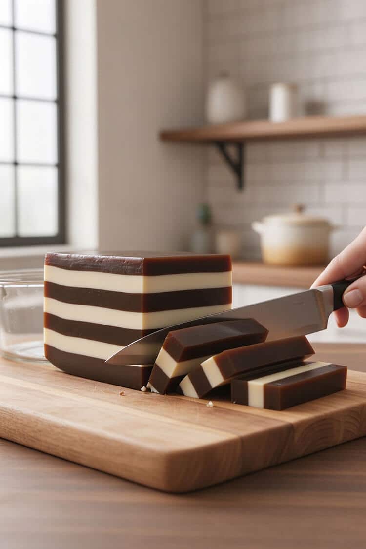 Slicing a tall rectangular block of layered black-and-white coffee jelly on a wooden cutting board with a sharp knife
