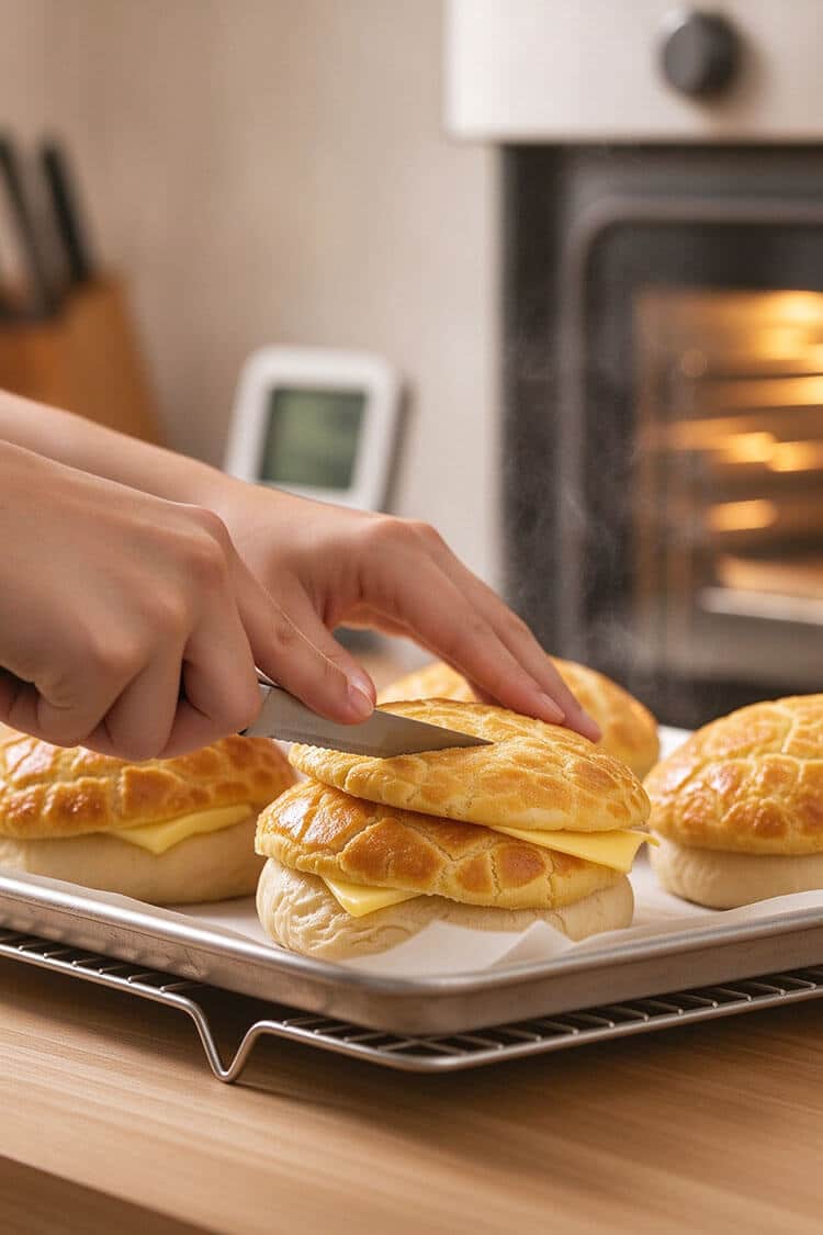 Serrated knife horizontally slicing a freshly baked warm pineapple bun to insert a thick slab of cold salted butter on a cooling rack