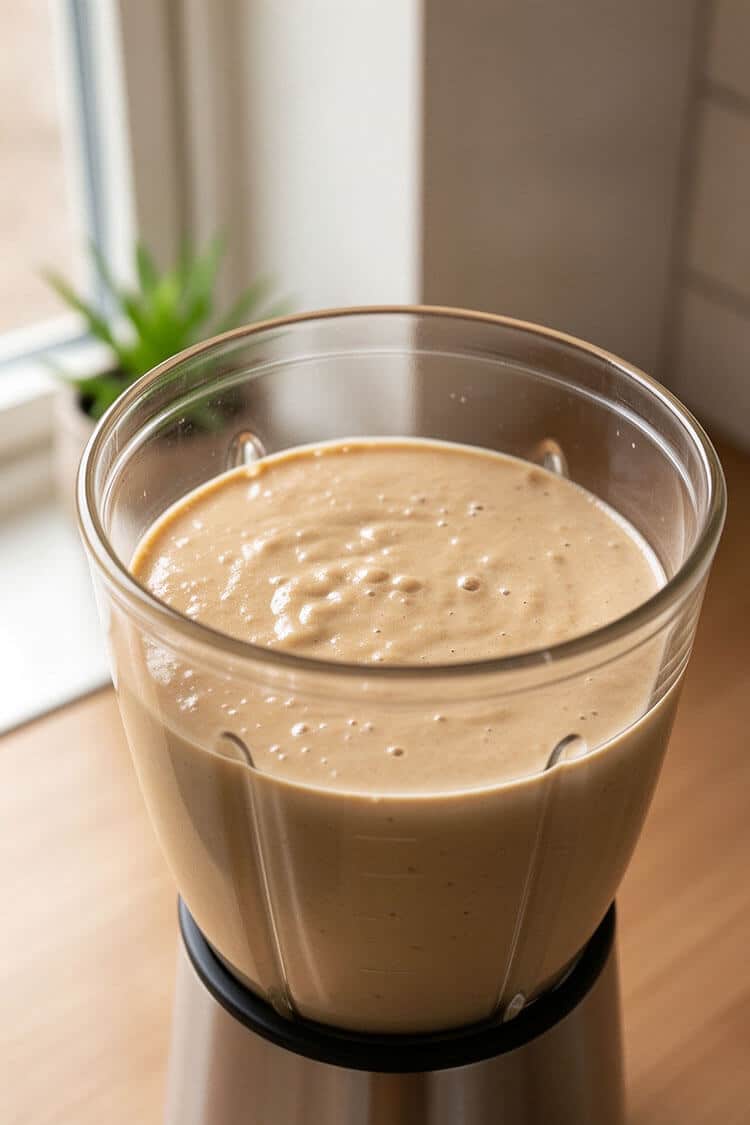 Smooth blended banana and cottage cheese pancake batter inside a clear blender jar