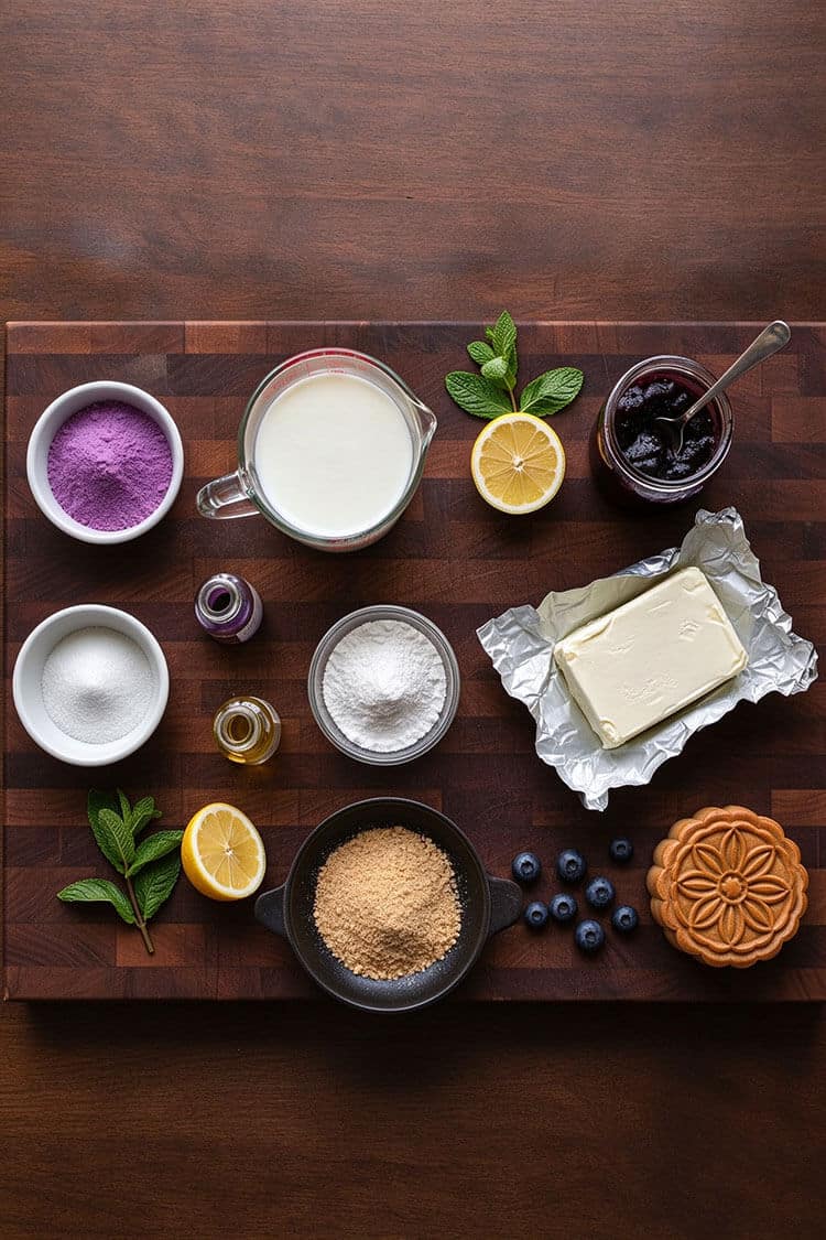 Flatlay arrangement of glutinous rice flour, wheat starch, milk, cream cheese block, blueberry jam, toasted flour, fresh blueberries, and wooden mooncake mold on a dark wood board