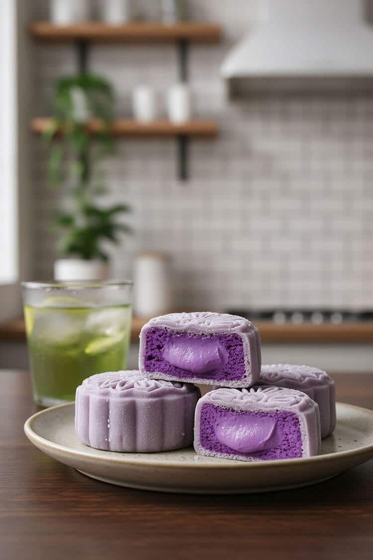 Stack of floral-patterned lavender snow skin mooncakes with cut halves revealing creamy purple filling on a ceramic plate next to an iced green tea