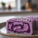 Close-up macro cross section of a sliced purple snow skin mooncake showing distinct layers of soft mochi skin and marbled blueberry cream cheese filling
