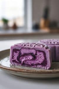 Close-up macro cross section of a sliced purple snow skin mooncake showing distinct layers of soft mochi skin and marbled blueberry cream cheese filling