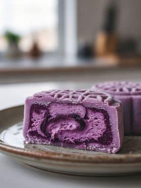 Close-up macro cross section of a sliced purple snow skin mooncake showing distinct layers of soft mochi skin and marbled blueberry cream cheese filling