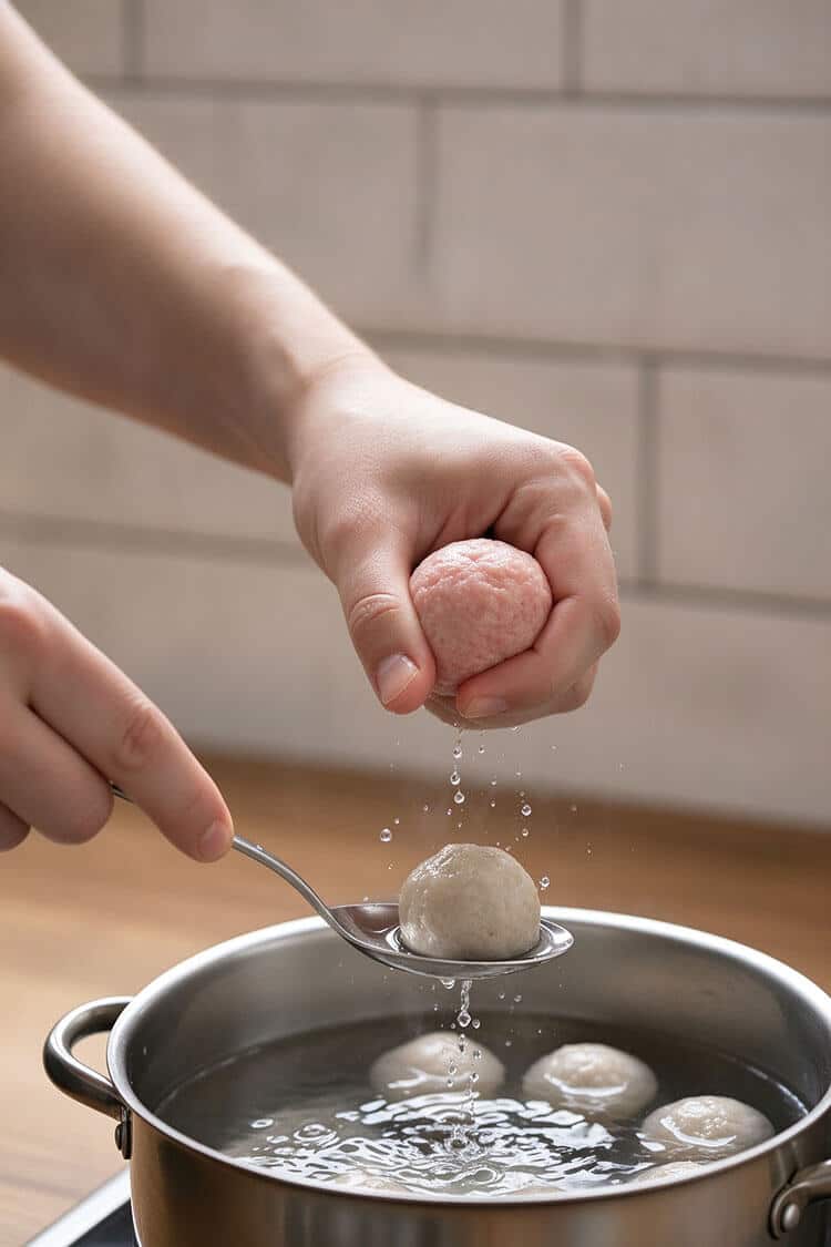 Hand squeezing smooth pink beef ball paste through thumb and forefinger and scooping it with a wet spoon over a water pot
