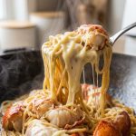 Metal spoon lifting a huge, gooey cheese pull of creamy e-fu noodles and tender red lobster chunks from a steaming wok