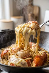 Metal spoon lifting a huge, gooey cheese pull of creamy e-fu noodles and tender red lobster chunks from a steaming wok