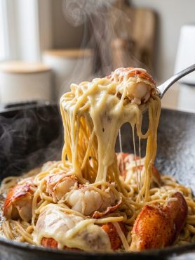 Metal spoon lifting a huge, gooey cheese pull of creamy e-fu noodles and tender red lobster chunks from a steaming wok
