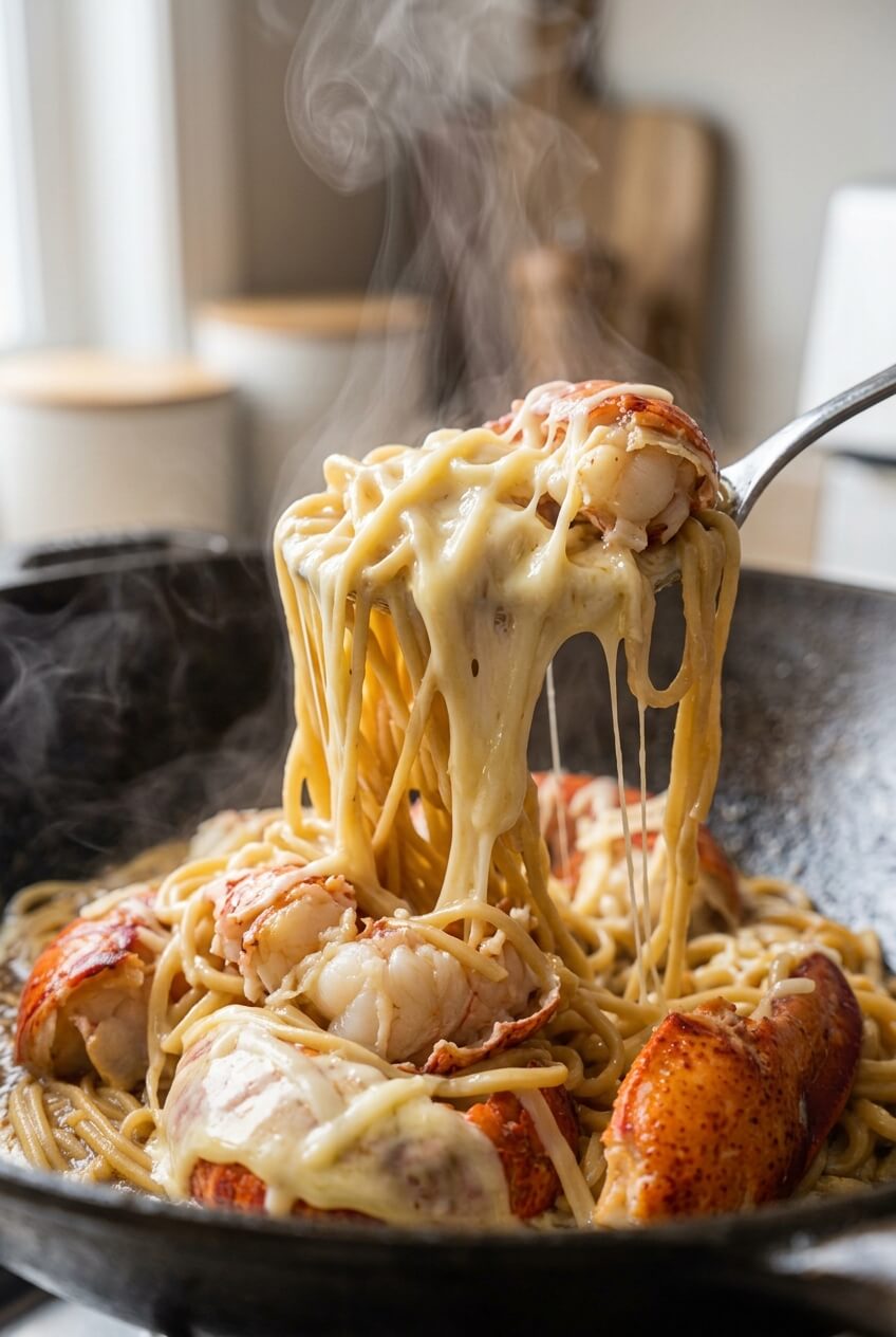 Metal spoon lifting a huge, gooey cheese pull of creamy e-fu noodles and tender red lobster chunks from a steaming wok