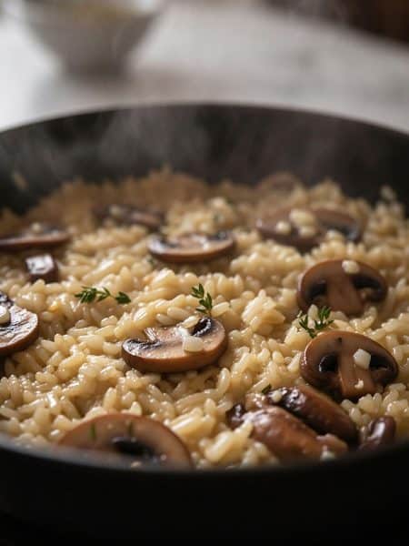Close-up view of steaming savory long grain rice cooked with plump sliced cremini mushrooms and fresh thyme sprigs in a black skillet