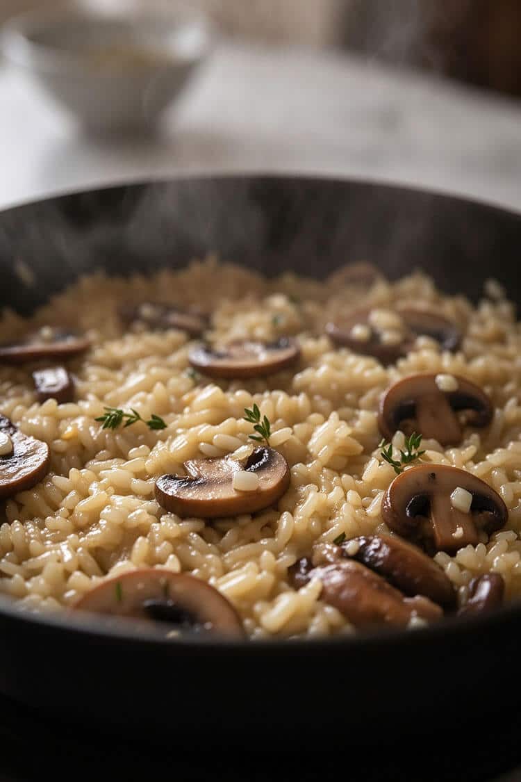 Close-up view of steaming savory long grain rice cooked with plump sliced cremini mushrooms and fresh thyme sprigs in a black skillet