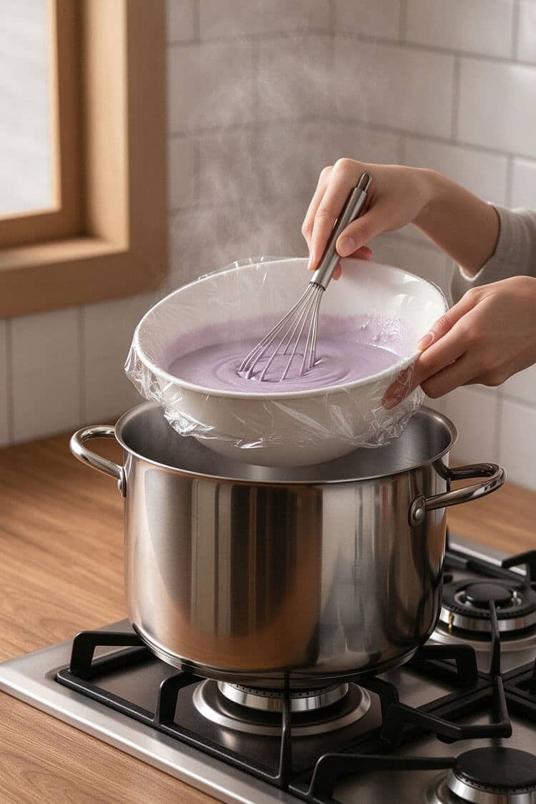 Hands whisking lavender-tinted snow skin batter in a plastic-wrapped ceramic bowl resting over a steaming stainless steel pot on a gas stovetop