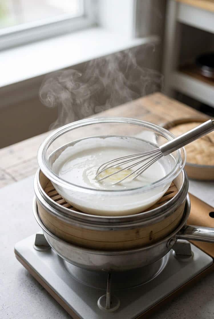 Whisk resting in a glass bowl of smooth white rice flour batter steaming over a bamboo steamer on a stovetop burner