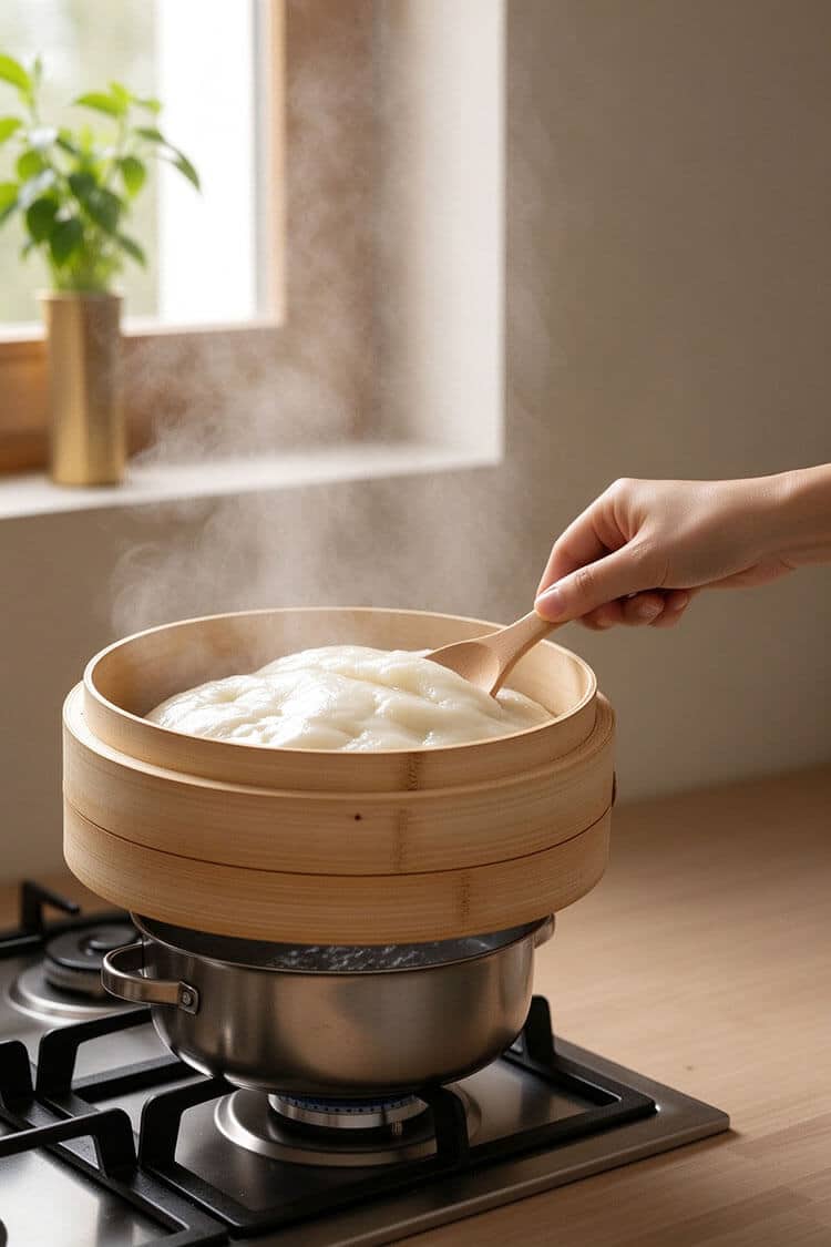 A wooden spoon stirring freshly steamed, translucent white glutinous rice snowskin dough inside a bamboo steamer basket over a pot of boiling water