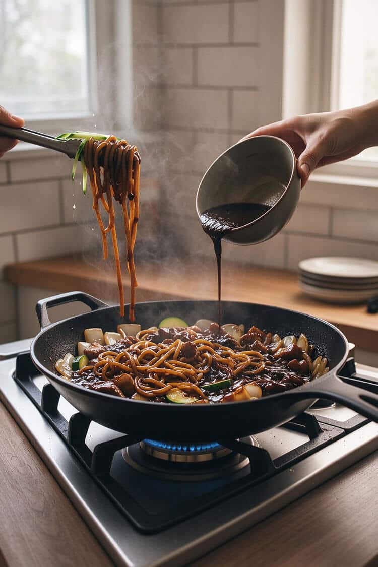 Hands using tongs and a bowl to toss thick noodles and savory black bean sauce with pork and zucchini together directly inside a hot skillet on the stove