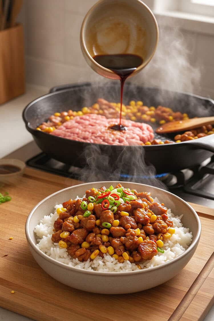 Pouring dark savory sauce from a small bowl onto pork and corn in a hot skillet with a plated rice bowl in the foreground