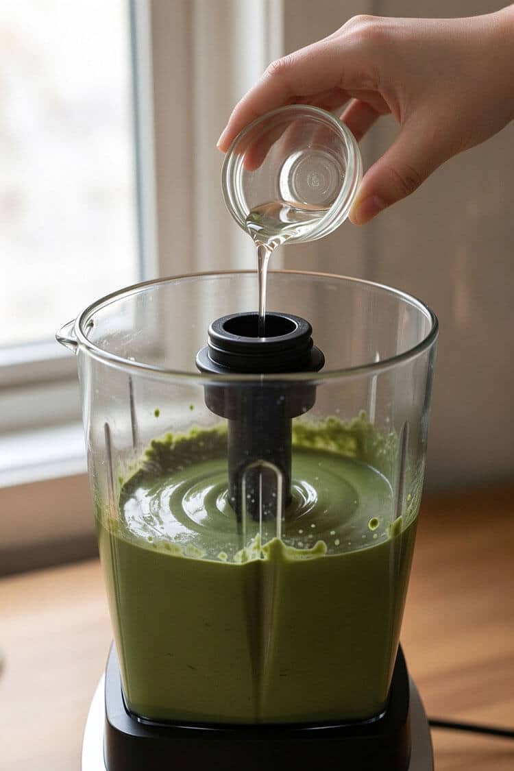 Pouring clear dissolved liquid gelatin into a high-speed blender spinning vibrant green matcha and silken tofu cream