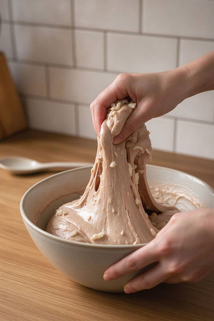 Hand lifting and stretching thick, sticky pale beef paste studded with chopped beef tendon bits from a ceramic bowl