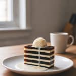 Plated slice of striped coffee and cream jelly topped with a melting scoop of vanilla ice cream next to a warm cup of coffee