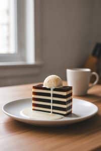 Plated slice of striped coffee and cream jelly topped with a melting scoop of vanilla ice cream next to a warm cup of coffee