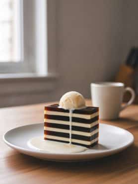 Plated slice of striped coffee and cream jelly topped with a melting scoop of vanilla ice cream next to a warm cup of coffee
