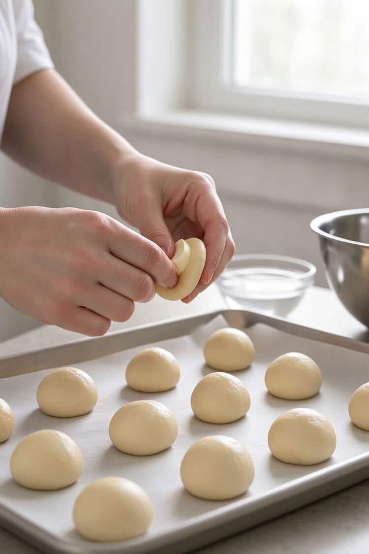 Hands stuffing a cube of fresh mozzarella cheese into a flattened disc of mochi dough on a baking sheet lined with smooth dough balls
