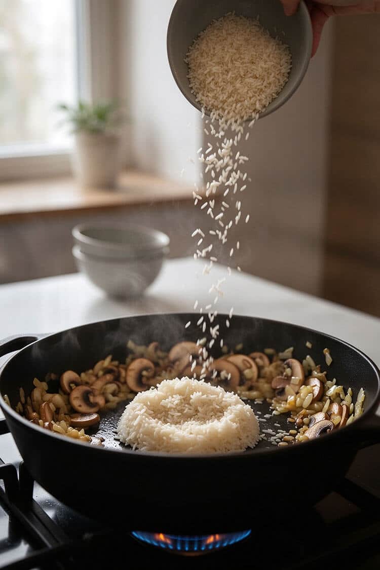 Rinsed long grain white rice pouring from a ceramic bowl into the center of a black skillet surrounded by golden sautéed onions and mushrooms