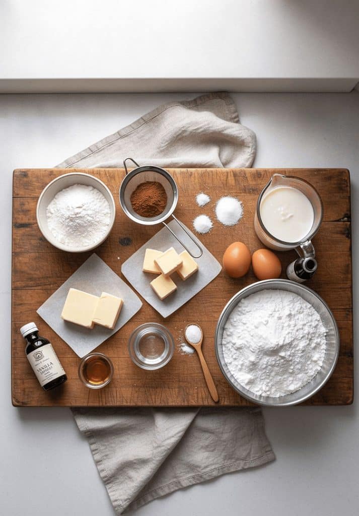 Overhead flatlay view of measured baking ingredients for traditional red velvet cake on wooden board