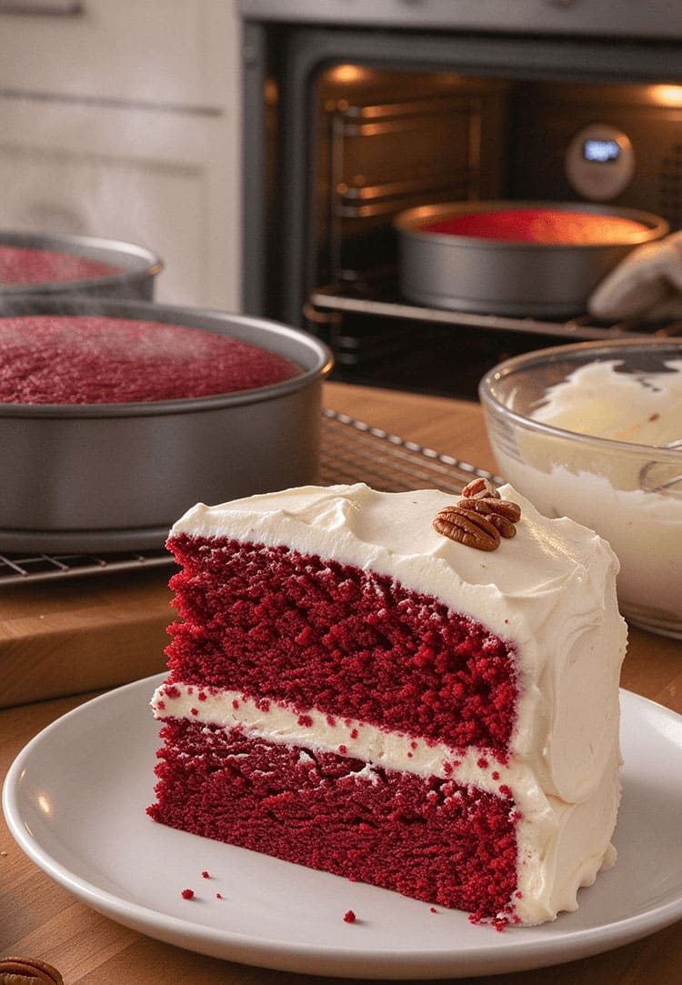 A generous slice of crimson red velvet cake layered with thick cream cheese frosting
