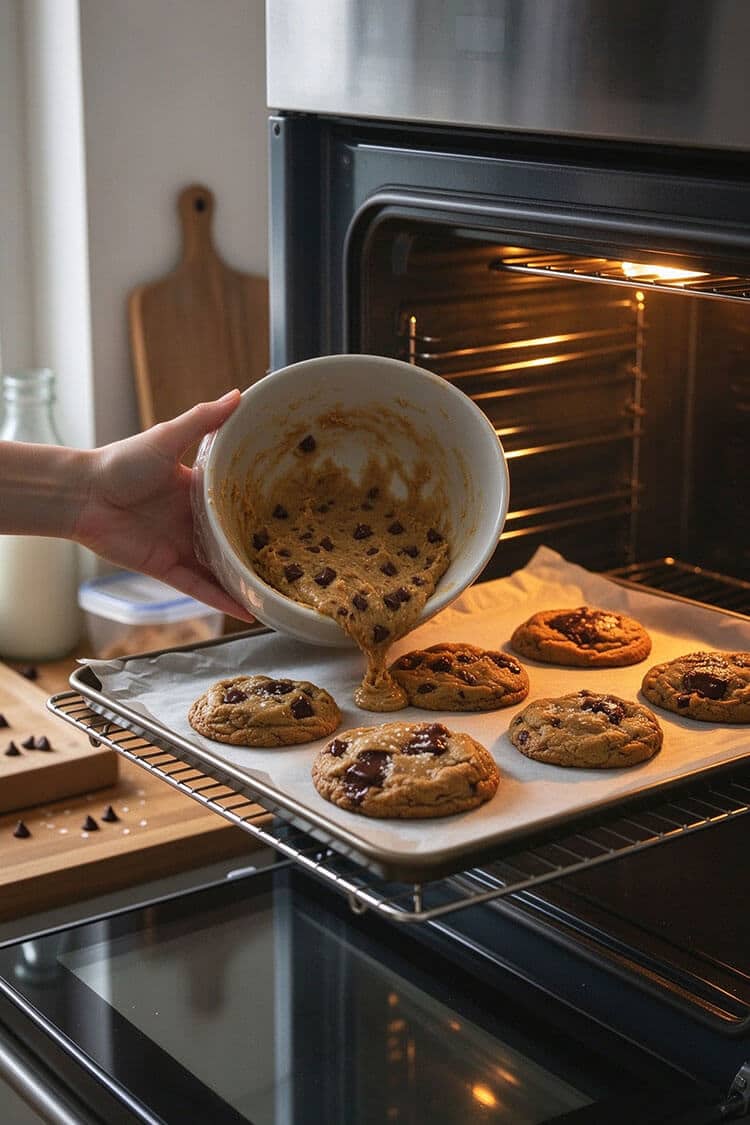 Hand pouring unchilled loose cookie batter onto a baking sheet, demonstrating why chilling dough is essential
