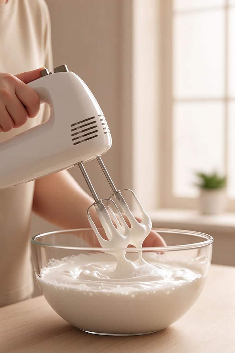 Electric hand mixer lifting out of a glass bowl showing glossy whipped egg white meringue forming soft-firm curved peaks