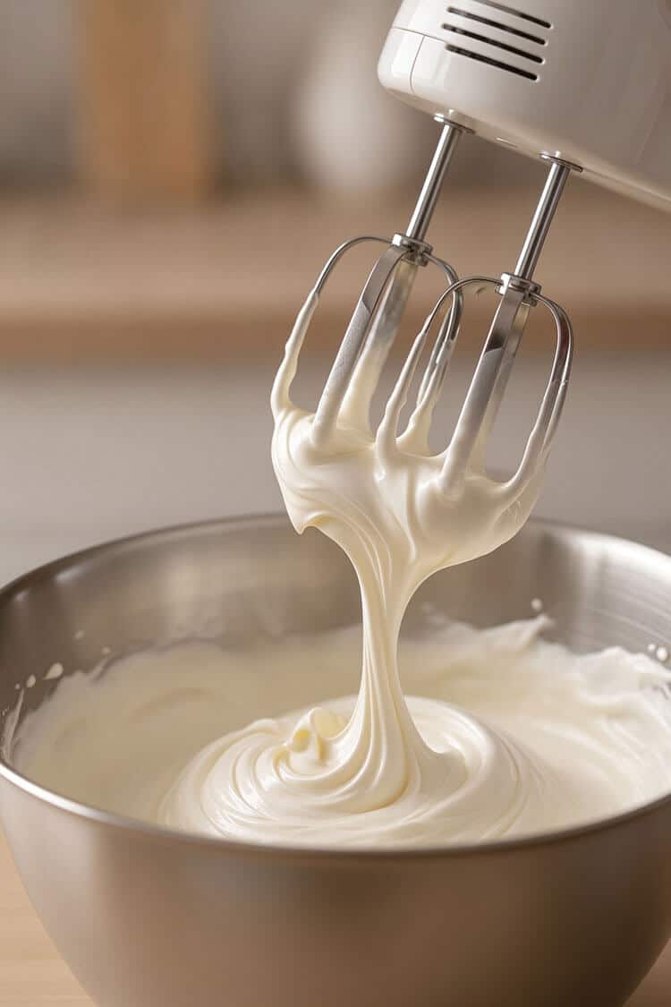 Electric beater lifting stiff, glossy peaks of whipped cream from a stainless steel bowl for folding into cheesecake filling
