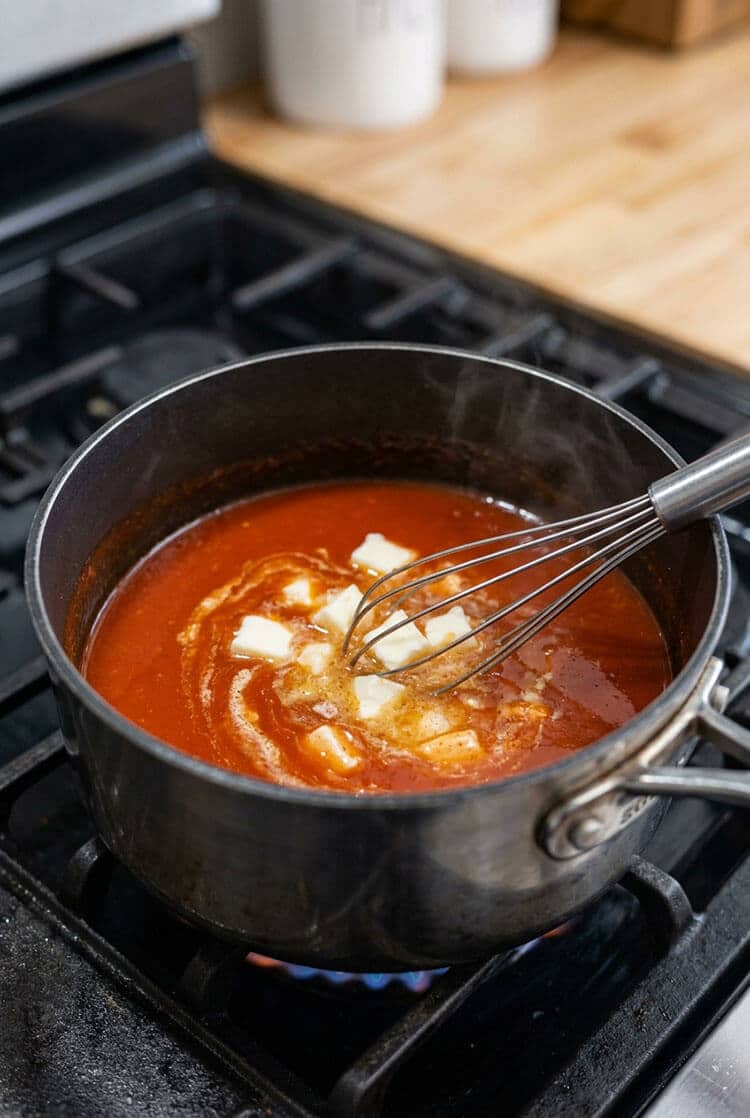 Wire whisk stirring cubes of cold butter into simmering bright red Frank’s RedHot buffalo wing sauce in a dark metal saucepan