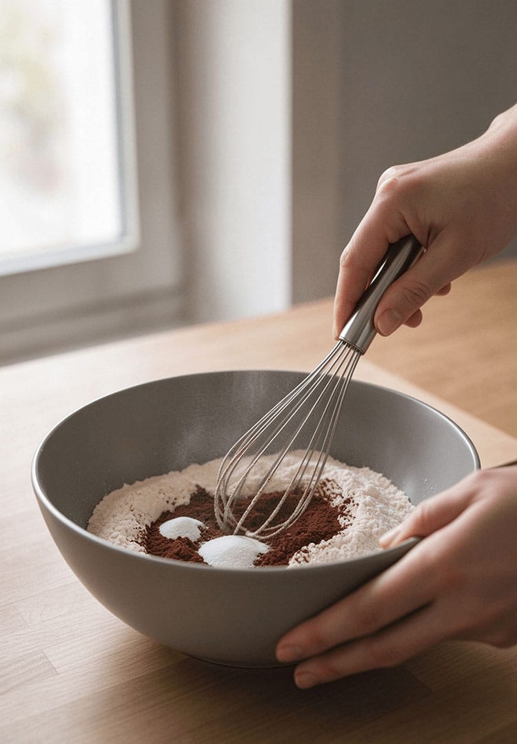 Hand whisking cake flour, cocoa powder, and baking soda together in a grey bowl