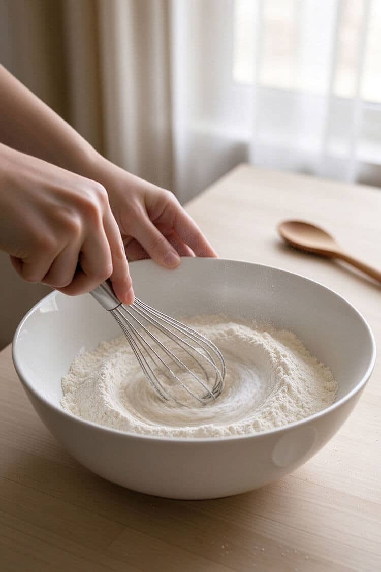 Hands using a wire whisk to combine white sweet glutinous rice flour, baking powder, and salt in a large ceramic mixing bowl