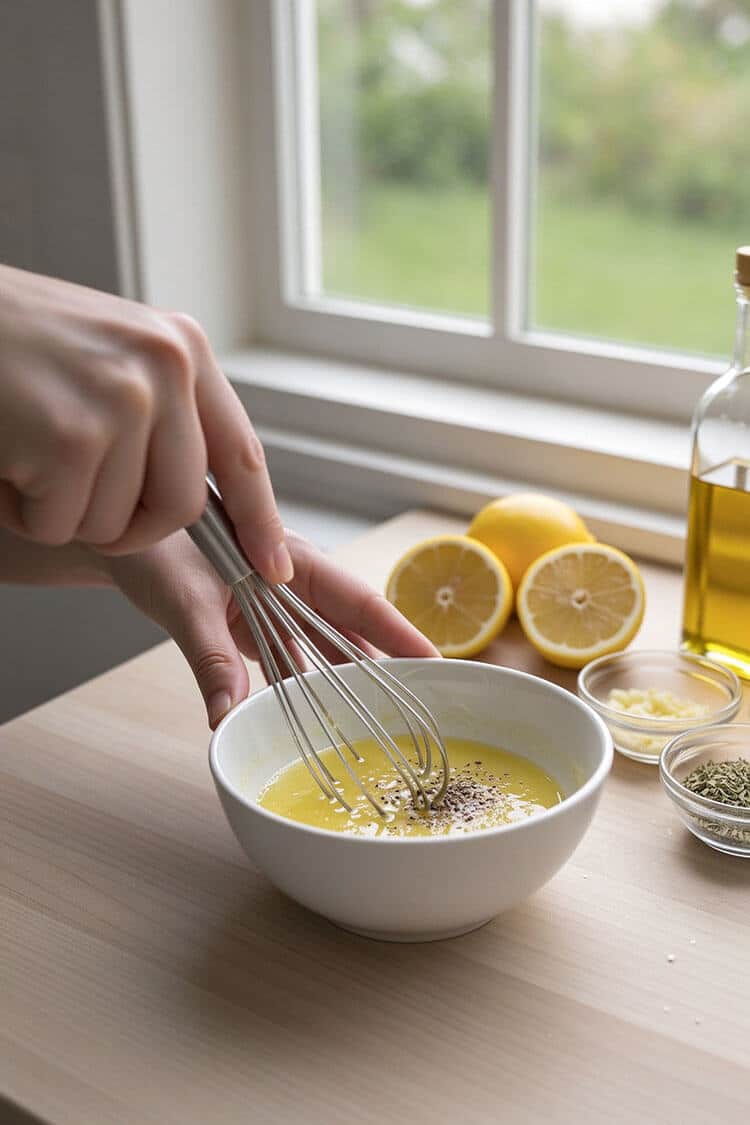 Whisking fresh lemon juice, extra virgin olive oil, minced garlic, oregano, and black pepper in a white ceramic bowl