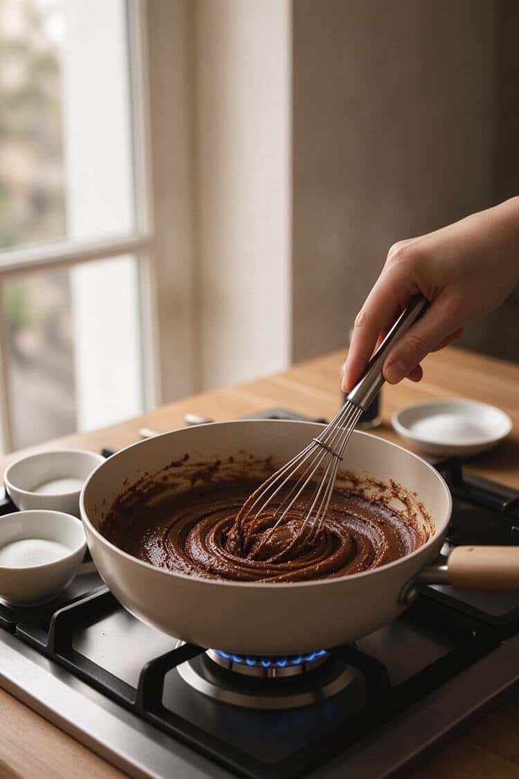 Whisking dark brown sugar and granulated sugar into warm brown butter in a skillet until smooth and glossy
