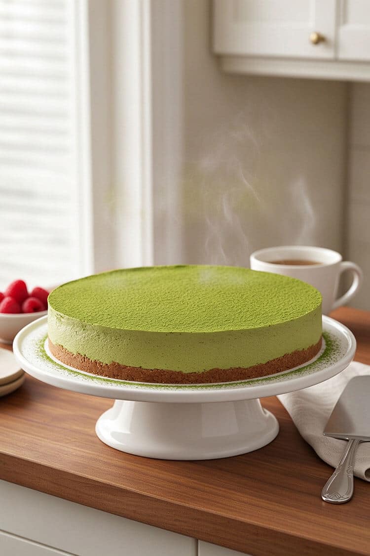 A whole round no-bake matcha tofu cheesecake generously dusted with fine green tea powder resting on a white ceramic cake pedestal beside a steaming cup of tea